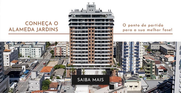 Foto de cima da cidade de São José com o empreendimento Alameda Jardins da Zilli Construtora no centro. Texto: Conheça o Alameda Jardins. O ponto de partida para a sua melhor fase.