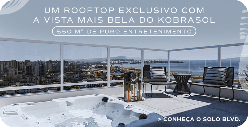 Empreendimento da Zilli Construtora. Texto: Um rooftop exclusivo com a vista mais bela do Kobrasol. 550 m² de puro entretenimento. Conheça o Solo Blvd.