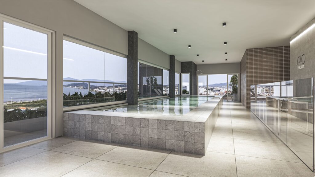 Imagem renderizada da piscina do Solo Blvd. O espaço tem várias janelas, que tem vista para o mar. O chão é revestido com porcelanato claro. Um ótimo ambiente para aproveitar o Dia dos Pais!