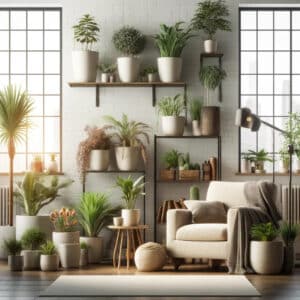 Espaço interno com várias plantas, criando um ambiente fresco e de bem-estar, utilizando vasos de diferentes tamanhos e diversas plantas para um toque natural e acolhedor.