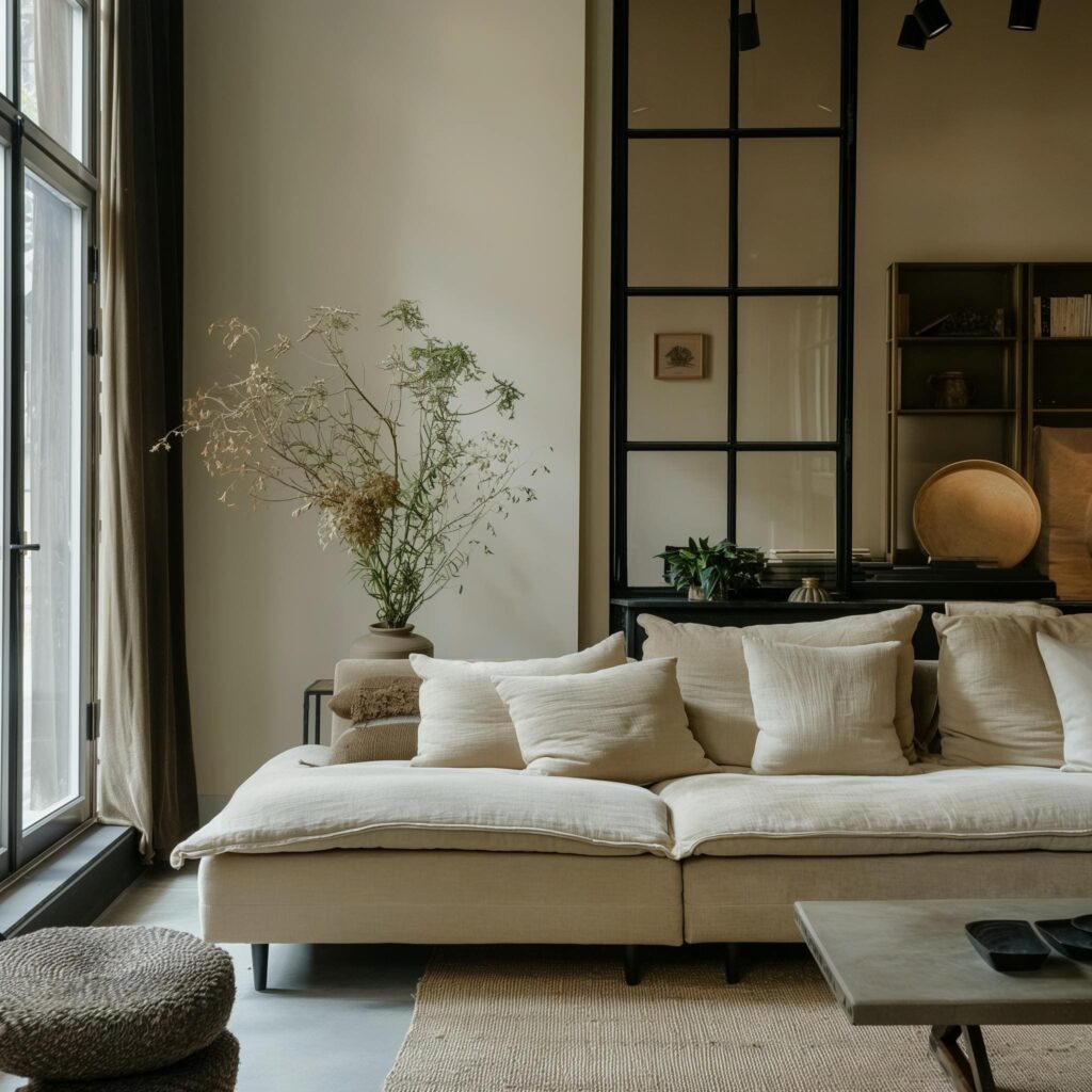 Fotografia de uma sala de estar. A imagem captura uma parte do sofá creme, com diversas almofadas do mesmo tom. Atrás dele, tem um aparador com um vaso de planta e outro ambiente. Na frente, tem um tapete, mesa de centro e banco de palha.