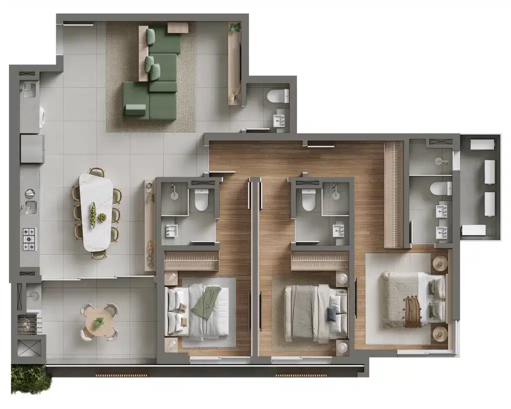  planta de 117 m² com 3 quartos do Éden, sendo todos suítes
